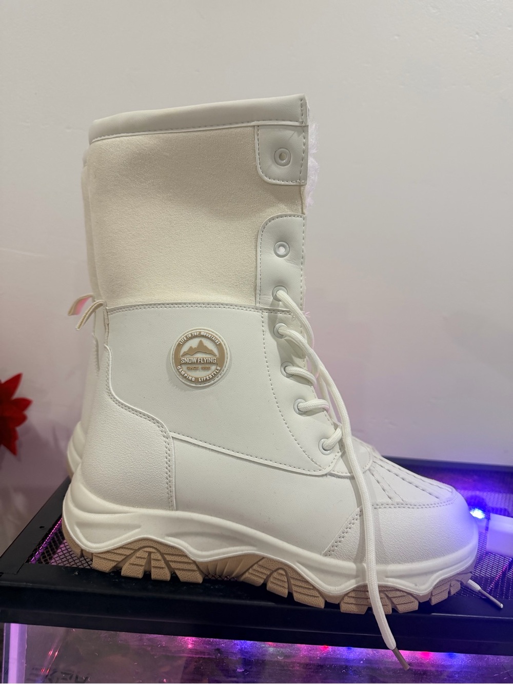 Cream Lace-Up Winter Boot with Rugged Sole